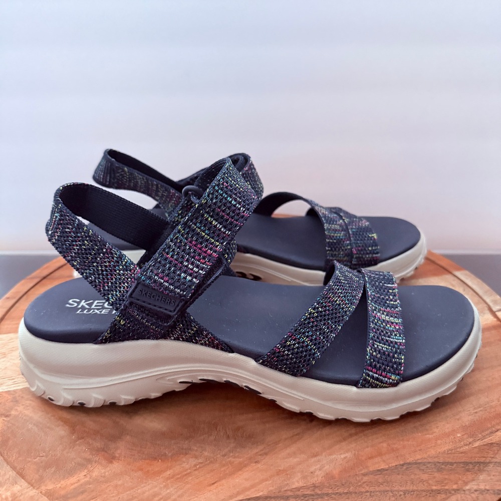 Skechers Luxe Foam Navy Womens 11 Multi Space Dye Comfort Sandals 163681 NVMT